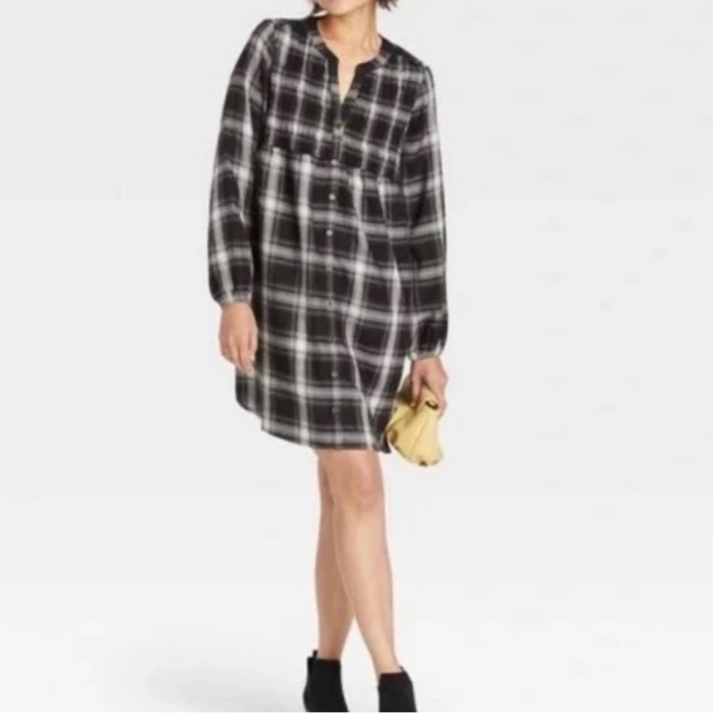 Knox Rose | Black and Gray Plaid Button Up Shirt Dress | Size M